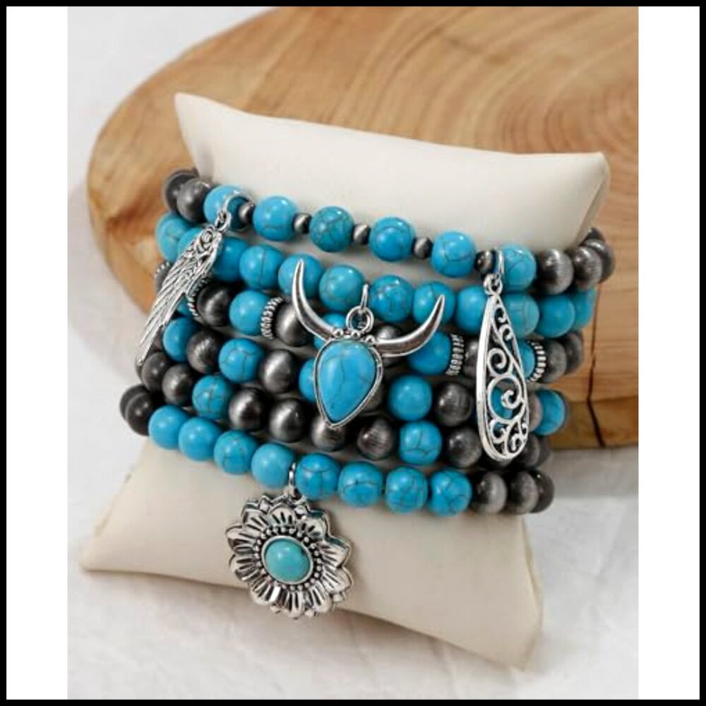Turquoise Bead Stretch Bracelets Set Western Boho… - image 4